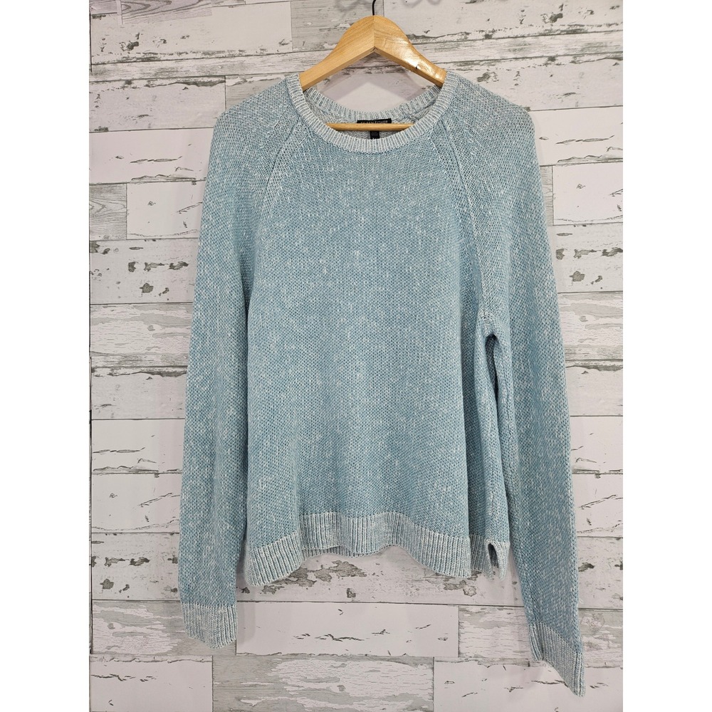 Eileen Fisher Organic Linen Cotton Marled Knit Sweater Blue White Large